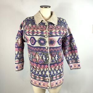 Vintage SIGRID OLSEN Hand Knit Wool Blend Cardigan Sweater Jacket Small